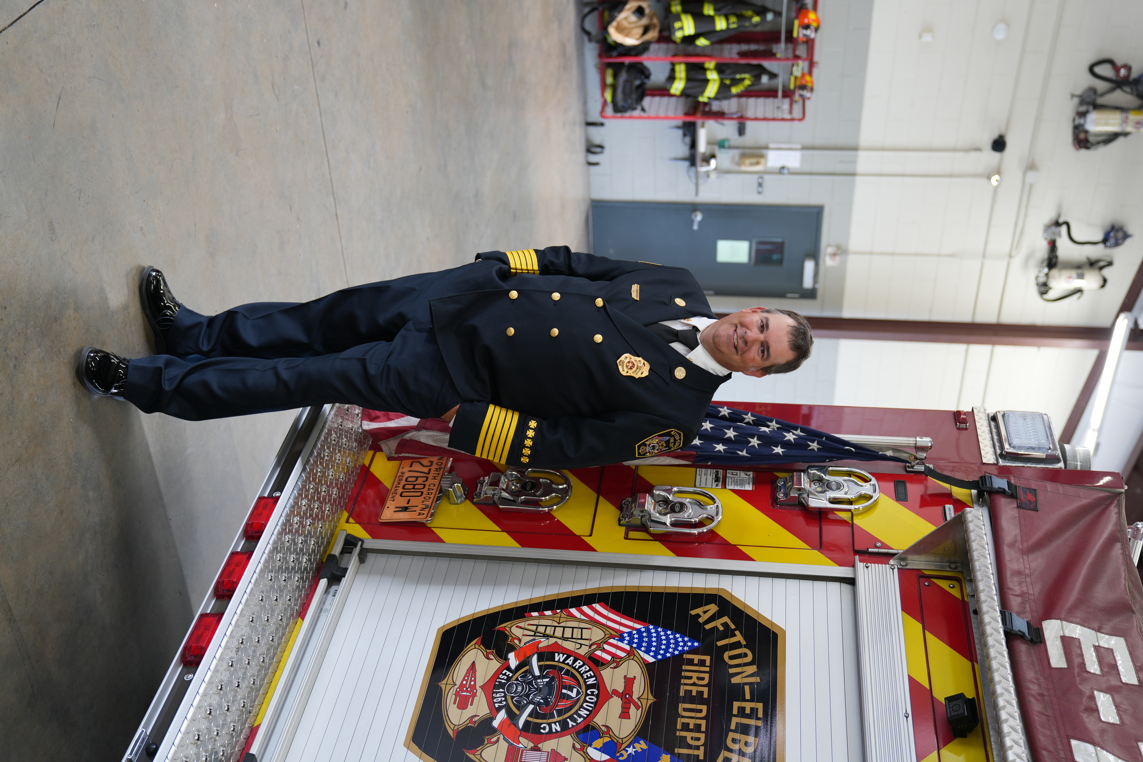 Joey Andrews, Fire Chief, in dress uniform at Afton-Elberon Fire Department